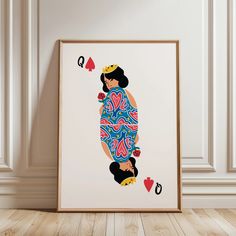 a framed art print of a woman in blue and pink with hearts on her chest