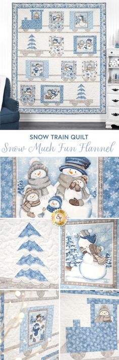 the snowman quilt pattern is shown in blue and white, along with other pictures