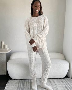 With a charming cable pattern, this plush pullover and jogger set is just as polished as it is cozy. 2-piece set Crewneck pullover Drawstring waist jogger Cable knit pattern Fuzzy sweater Fabrication Fuzzy Sweater, Sleepwear & Loungewear, Jogger Set, Sweater Pants, Knit Pants, Sweater Set, Pj Sets, Drawstring Waist, Knit Patterns