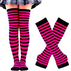 Over-The-Knee Striped Socks And Gloves Hot Pink & Black Striped Lace Up Back Bandana Backless Crop Top Nwt Hot Pink / Small Winter Knee-high Socks For School, Knee-high Winter Stockings For School, Fitted Pink Knee-high Socks For Fall, Winter Knee-high Stockings, Fall Season Pink Stretch Knee-high Socks, Winter Knee-high School Socks, Knee-high Winter Socks For School, Pink Fitted Knee-high Socks For Spring, Knee-high Socks For School In Winter