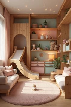 a child's playroom with a slide in the corner