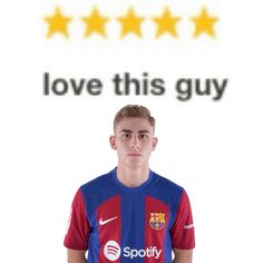 a young man standing in front of a sign that says love this guy with five stars on it