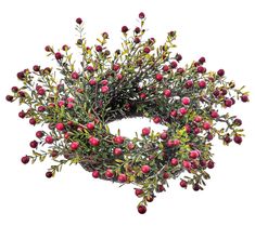 a wreath with red berries hanging from it's side on a white background,