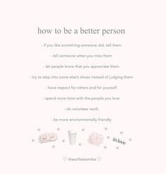 a white card with the words how to be a better person written in pink on it