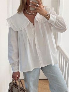 Women's Peter Pan Collar Solid Color Pleated Casual Blouse White Cute  Long Sleeve Polyester Plain Top Non-Stretch  Women Clothing, size features are:Bust: ,Length: ,Sleeve Length: Office Tops Blouses, Summer Cloth, Lantern Sleeved Blouses, Outfit Chic, Casual Shirt Women, Chic Top, Lantern Sleeves, Women Lace, Long Sleeve Casual