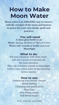 How to Make Moon Water in 2024 💦 What Is Moon Water, Ways To Use Moon Water, How To Make Moon Water Witchcraft, How To Make Full Moon Water, Moon Water Recipes, Moon Water Spells, Making Moon Water, New Moon Magic