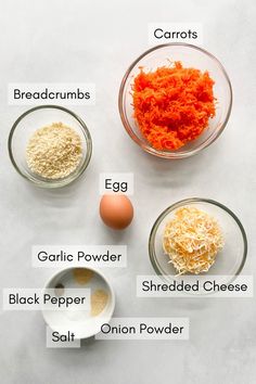 the ingredients to make carrot cake are shown in bowls on a white surface, including eggs, garlic powder, and shredded cheese