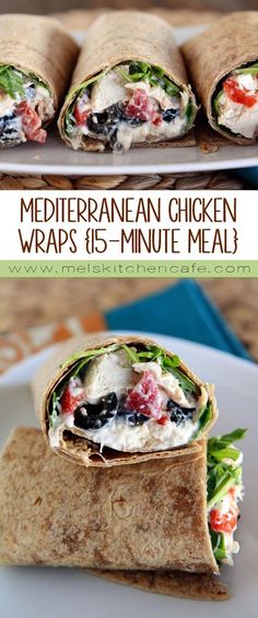 a wrap is cut in half on a plate with the words mediterraneanan chicken wraps 15 - minute meal