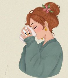 a drawing of a woman drinking from a cup with her eyes closed and hair pulled back