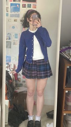 Sixth form preppy cardigan white t shirt navy eletric blue plaid purple tartan mini skirt loafers frilly socks cute sixth form outfit inspo inspiration Blue And White Plaid Skirt, Blue Tartan Skirt Outfit, Blue Skirt Outfit Aesthetic, Purple Plaid Skirt Outfit, Frilly Skirt Outfit, Dark Blue Cardigan Outfit, Navy Blue Skirt Outfits, Ravenclaw Aesthetic Outfit, Frilly Socks Outfit