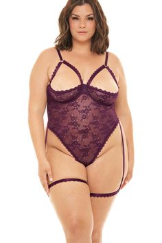 Open Shelf Cup Teddy With Open Gusset And Attached Decorative Garter Stays- Fit Guide: See Fit Guide- Care: Hand Wash & Drip Dry- Purple Lingerie, 3d Studio, Bodysuit Lingerie, Open Shelf, Triangle Top, Plus Size Lingerie, Lace Bodysuit, Women Lingerie, Women's Fashion