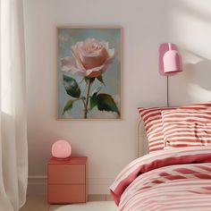 a bedroom with a bed, nightstand and painting on the wall above it that has a pink lamp next to it