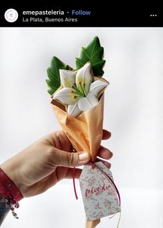 a hand holding a bouquet of flowers in it's left hand with a tag attached to it