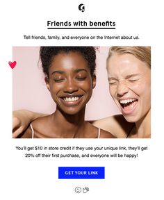 two women laughing and looking at each other with the caption friends with benefits tell friends, family, and everyone on the internet