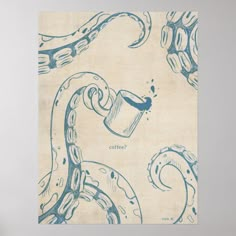 a blue and white painting with an octopus holding a coffee cup in it's mouth