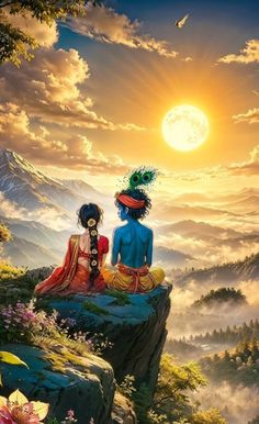 two people sitting on top of a cliff looking at the sky and clouds above them