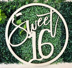 a sign that says sweet sixteen on it in front of some green plants and bushes