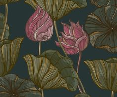 a drawing of pink flowers and green leaves on a dark blue background with gold accents