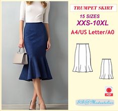 a woman wearing a skirt and white top with the text,'trumpet skirt 15 sizes xxs - 10xl aa4us letter / ad