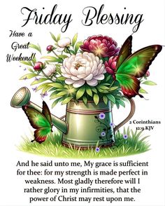 a birthday card with flowers and butterflies on the top of a watering can, says friday blessing