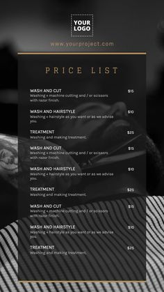 a black and white menu for a hair salon with gold trimmings on it