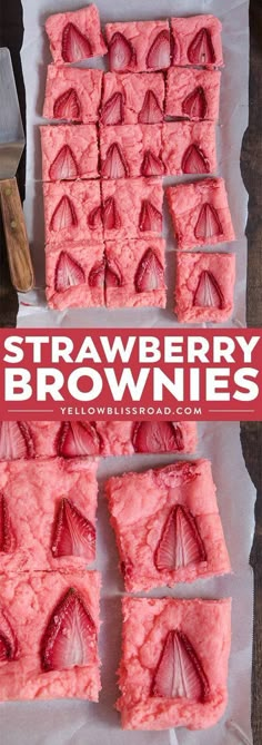 strawberry brownies are cut into squares and placed on parchment paper with the words, strawberry brownies