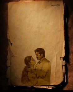 an old paper with a drawing of a man kissing a woman on it's forehead