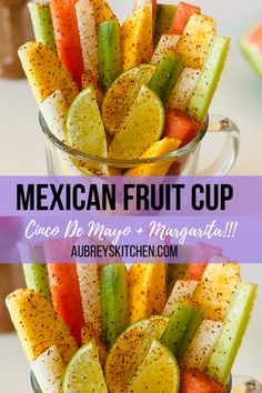 the mexican fruit cup is filled with cut up melon, lime and seasoning