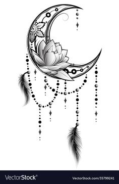 the moon with flowers and feathers on it is drawn in black and white ink,