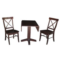 two chairs and a table with one chair on it