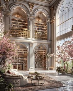 a living room filled with lots of furniture and bookshelves next to a window