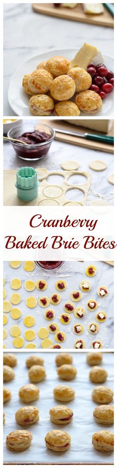 there are many different types of cookies on the table with text overlays that reads cranberry baked blue bites