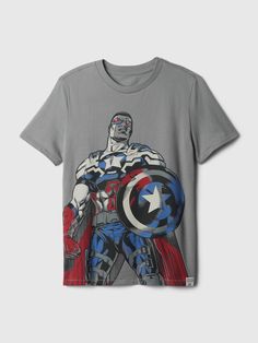 Soft cotton T-shirt.  Crewneck.  Short sleeves.  Marvel graphics at front.  Straight, easy fit.  Hits at the hip.