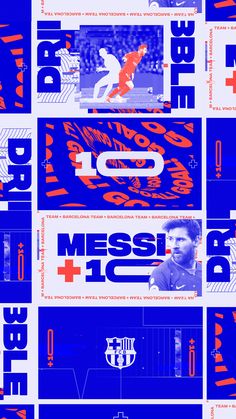 the poster for messi's soccer team is displayed in blue and orange colors