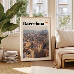 a magazine cover sitting on top of a wooden table next to a couch and potted plant