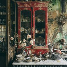 an old china cabinet with flowers and plates on it in a room that has been painted green