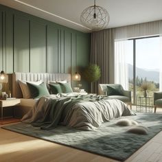 a bedroom with green walls and wooden floors