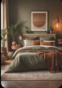 a bed with green sheets and pillows in a room filled with potted plants on the wall