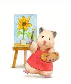 a drawing of a hamster holding a paintbrush and an easel with a sunflower on it