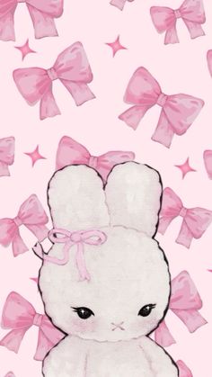 a drawing of a white bunny with pink bows