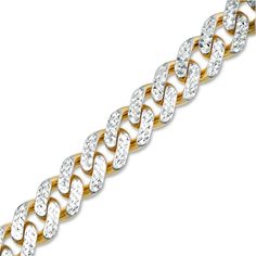 This men's 9.5mm-wide diamond-cut curb chain bracelet crafted in 14K two-toned gold measures 8.25 inches in length and secures with a box clasp. Cuban Link Gold Bracelet With Diamond Accents, Gold Cuban Link Bracelet With Diamond Accents, Curb Chain Bracelet, White Details, Shimmer And Shine, Peoples Jewellers, Shimmer N Shine, Box Clasp, Chain Links