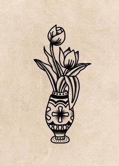 a drawing of a vase with flowers in it