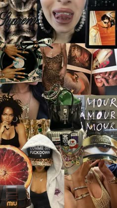 a collage of photos with various women and their accessories on them, including an image of a woman's face