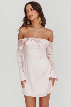 Shop the Lilith Off Shoulder Bow Mini Dress Blush | Selfie Leslie Pink Mini Dress Graduation, Long Sleeve Dresses Birthday, Pink Christmas Party Dress, Light Pink Silk Dress Short, Light Pink Long Sleeve Dress, Coquette Hoco Dress, Hoco Dress Long Sleeve, Winter Pink Dress, Pink Bday Outfit