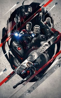 the avengers movie poster is shown in red and black