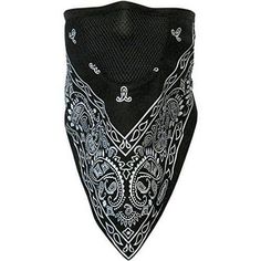 a black bandana with white designs on it