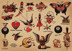 an old school tattoo flash sheet with lots of different tattoos on it's back