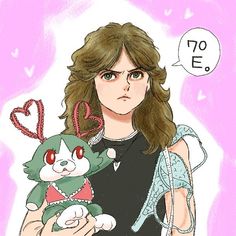 a drawing of a woman holding a small cat in her arms with a speech bubble above her head