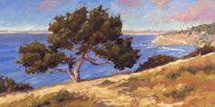 a painting of a tree on a hill overlooking the ocean