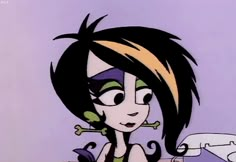 a cartoon character with black hair and green eyes sitting at a table in front of a phone